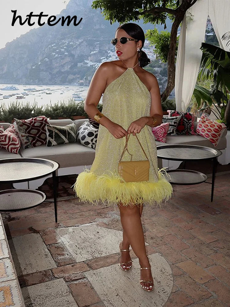 Sexy Feather Glitter Halter Short Dress Women Sleeveless Backless Yellow Female Party Dresses 2025 Summer Lady Beach A-line Robe