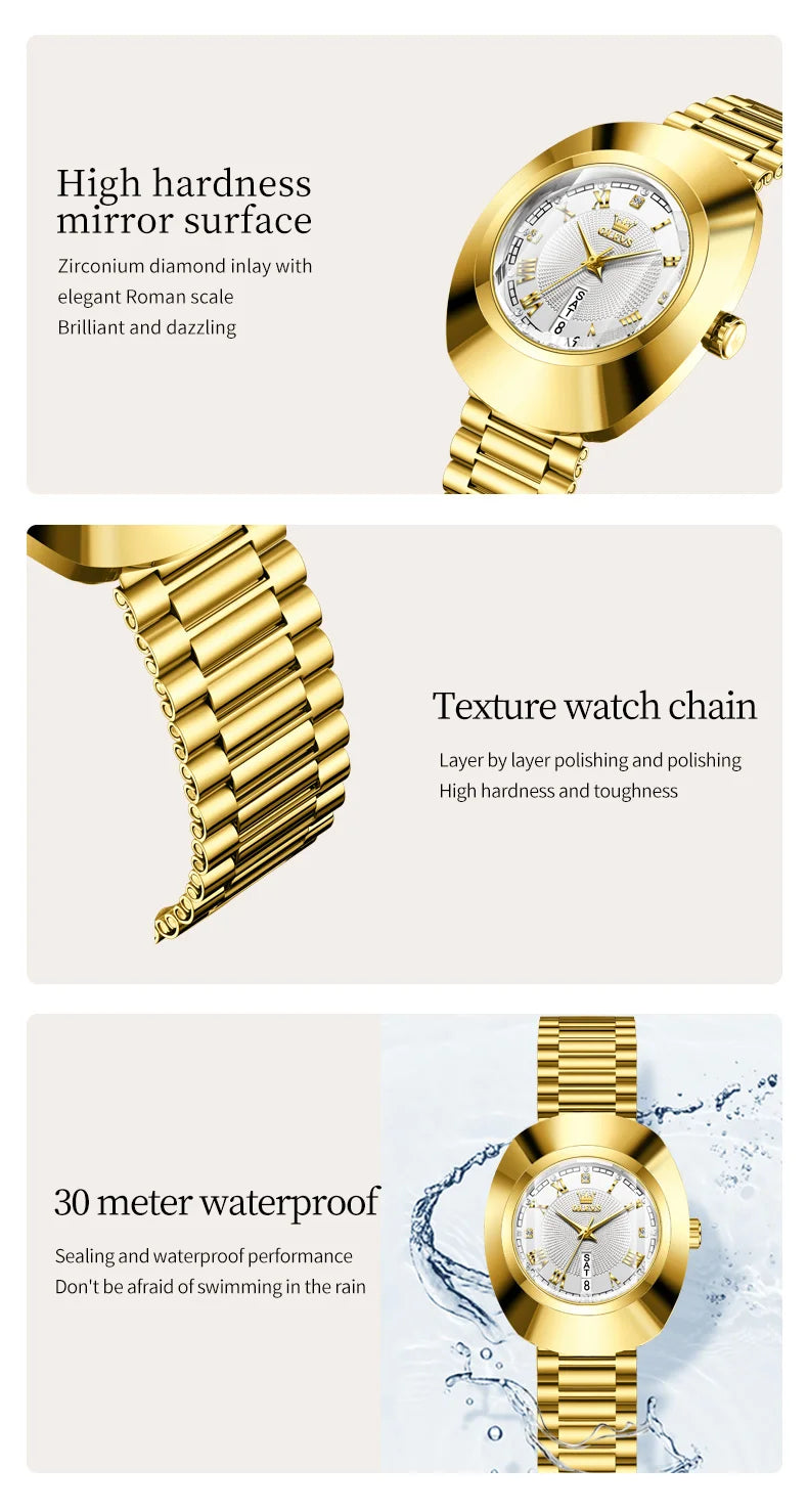 OLEVS Top Luxury Brand Ladies' Watch Elegant Fashion Gold Stainless Steel Women's Watches Calendar Waterproof Quartz Wristwatch
