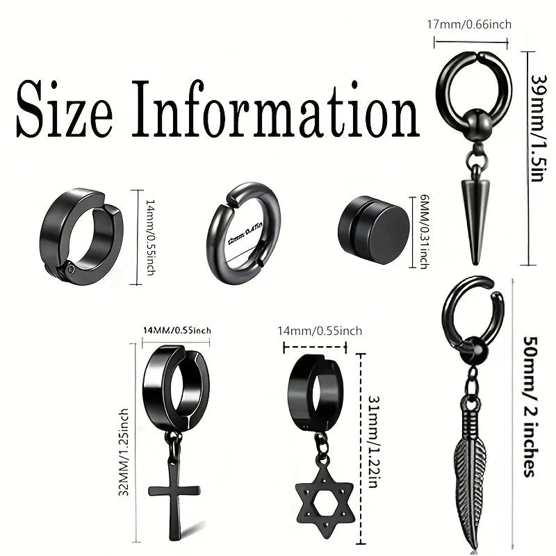 7 Pairs Black Magnetic Stud Earrings, Stainless Steel Clip On Earrings For Men, Fake Cross Dangle Earrings Hoop Ear Clips