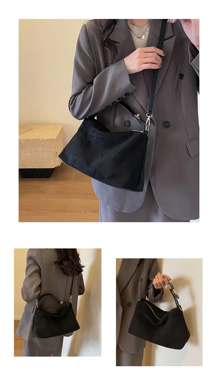 New Solid Color PU Zipper Women's Bag Suede Large Capacity Women's Shoulder Bag Fashion Versatile Casual Dual Purpose Handbag