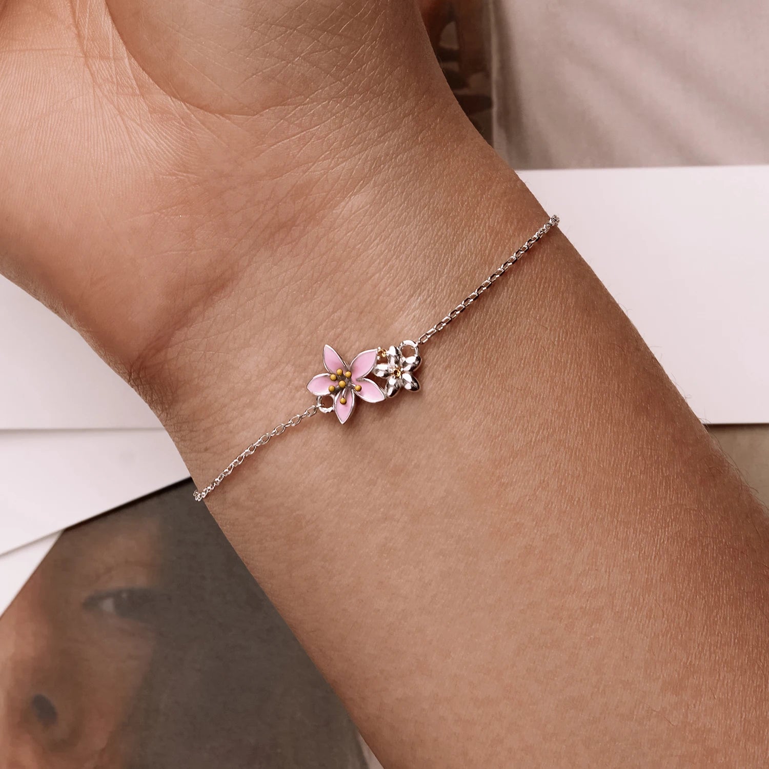 WOSTU 925 Sterling Silver Original Pink Sakura Bracelet Adjustable MINI Bracelet Chain Link Fit MINI Pendant Fashion Jewelry