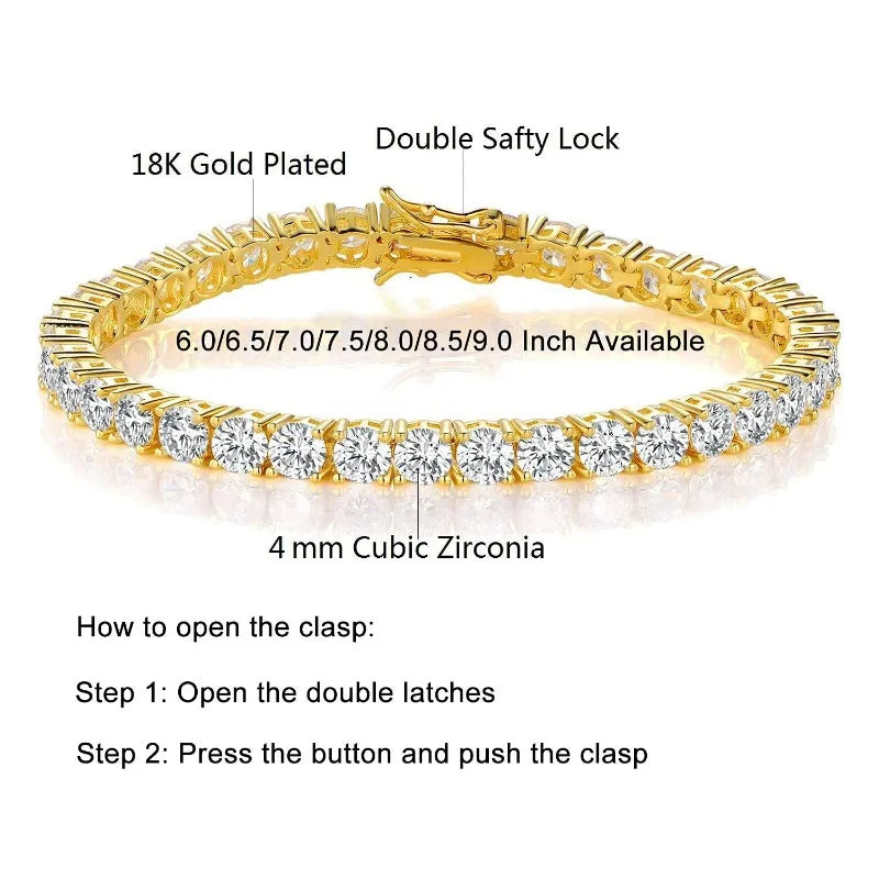 18K Gold Plated 3mm 4mm Tennis Bracelet Full Diamond 925 Silver Plated 18k Wedding Party Jewelry Bracelets for Women Man