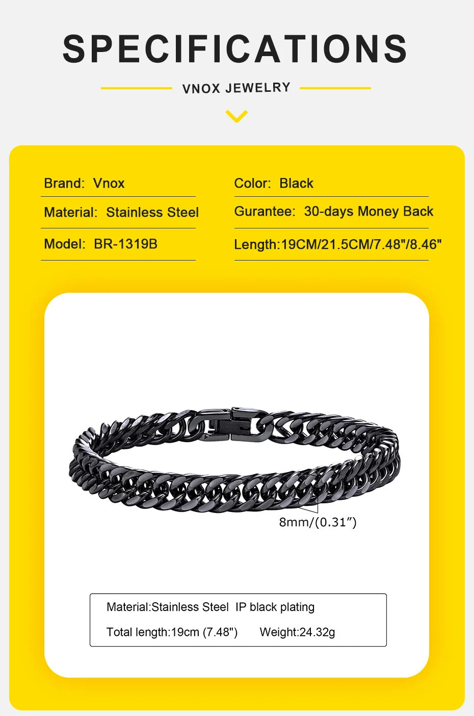 Vnox Men's Stainless Steel 7/8/9/10/12/15MM Link Chain Miami Cuban Bracelets for Male Boys Jewelry, 19cm/21.5cm, Gift for Dad