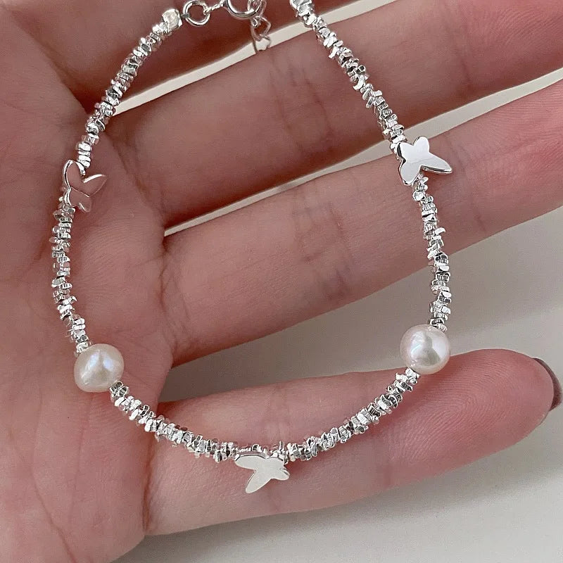 New 925 Silver Geometric Bead Pearl Punk Irregular Asymmetric Adjustable Bracelet For Woman Girl Fashion Jewelry Gift Dropship