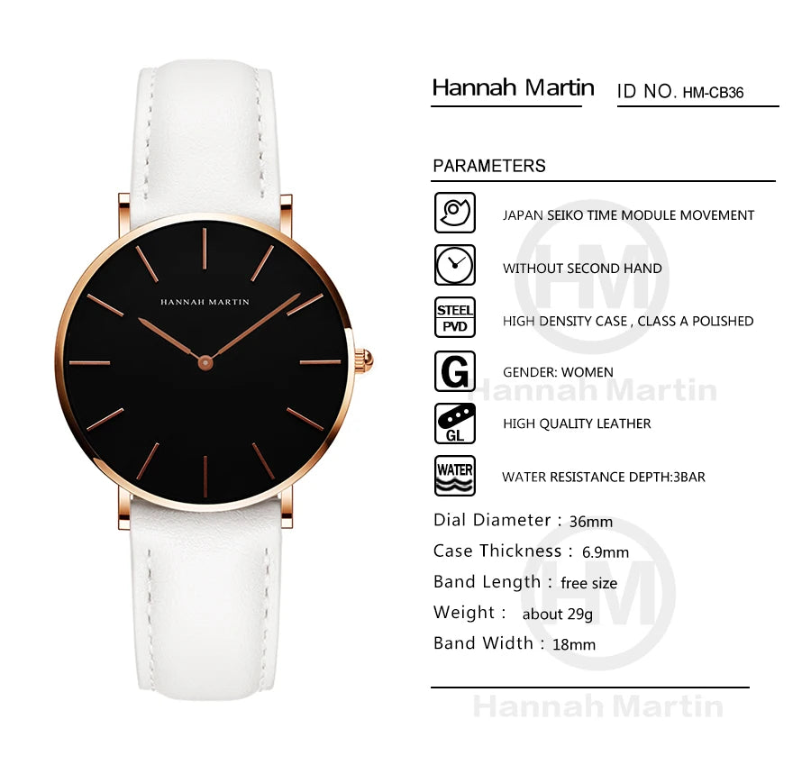 Hannah Martin Hot Fashion Simple Japan Quartz Movement Watch Leather Strap Clock Women Analog Waterproof Wrist watch Reloj Mujer