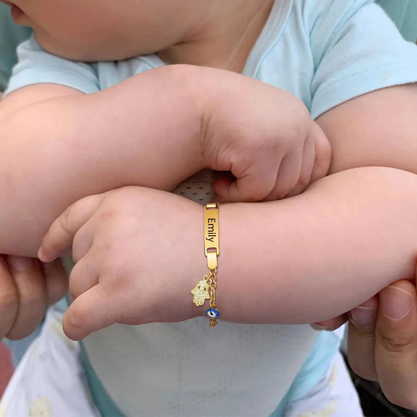Hamsa Evil Eye Chain Bracelet  for Little Boy Girl, Engrave Customized Name Bracelet, Hand of Fatima Lucky Jewelery