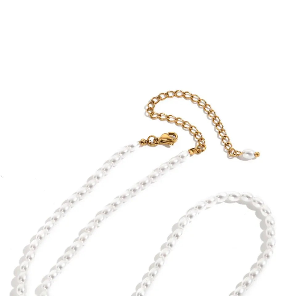 eManco 3MM Imitation Pearl Necklaces Oval White Stainless Steel Necklace Women's Collarbone Chain
