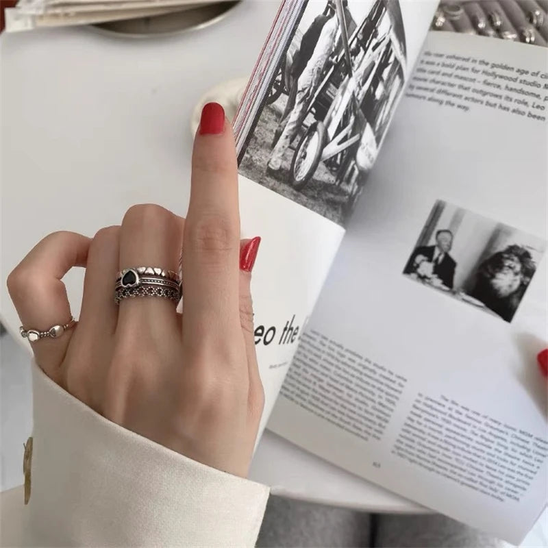 Retro Carved Three Layer Heart Ring - Adjustable Open Band for Men Women