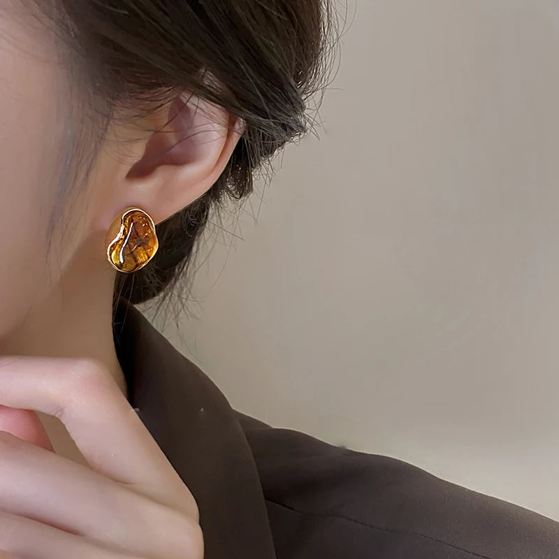 New Brown Resin Tiger Eye Stone Dangle Earrings for Women Fashion Silver Needle Earring Personality Melard Color Jewelry
