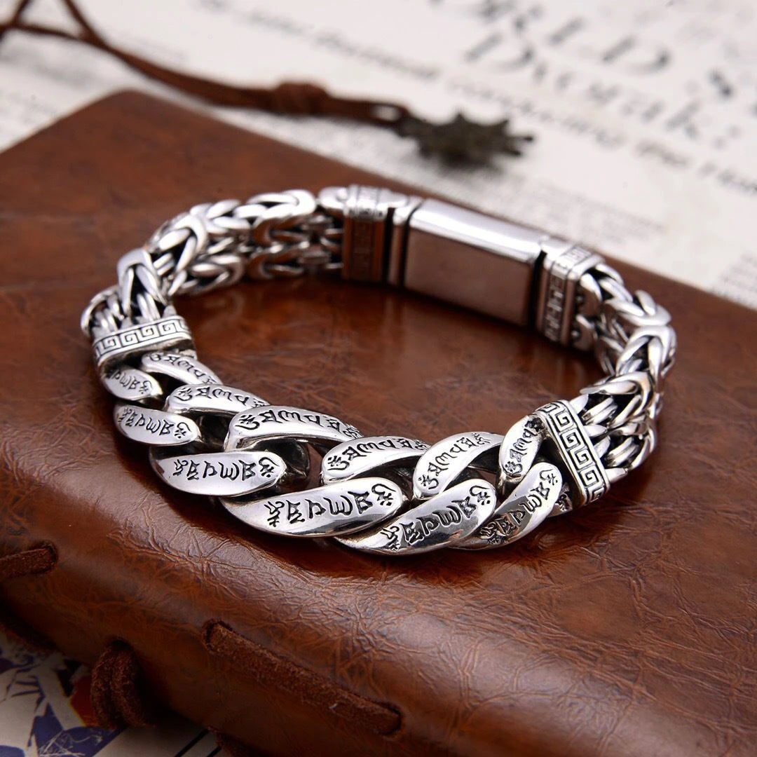 S925 Sterling Silver Personalized Men and Women Bracelets Six-Character Peace Pattern Cuban Chain Jewelry Exquisite Gift