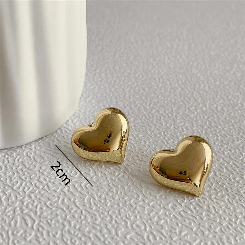 Gold Color Smooth Surface Love Heart Shaped Stud Earrings Women Minimalist Fashion Girl Wedding Bridal Jewelry