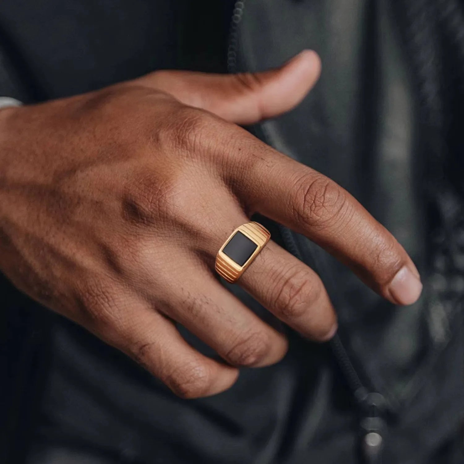 Black Stone Ring for Men,Gold Color Stainless Steel Square Ring Thumb Ring Signet Ring Wedding Ring,Classic Trendy Jewelry Gift