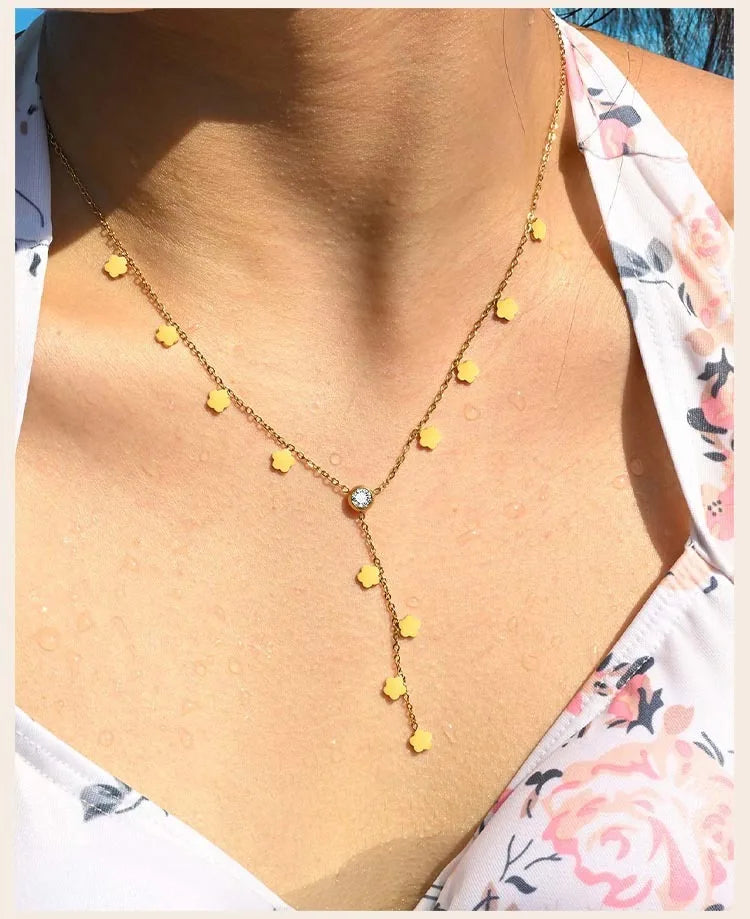 Flower Drop Necklace - Stainless Steel Y Shape Layered Floral Jewelry