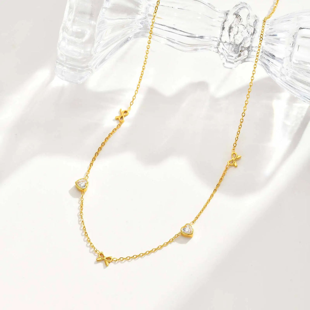 Stainless Steel Heart Cubic Zirconia Chain Necklace for Women, Bowknot Cherry Thin Link Chain Necklace Layered Jewelry