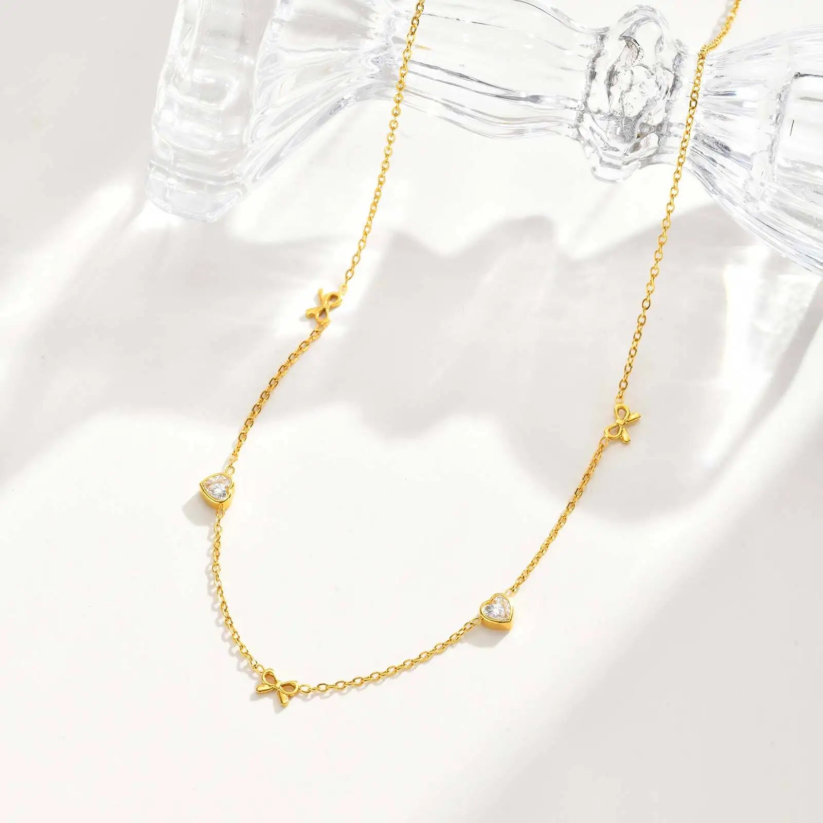 Stainless Steel Heart Cubic Zirconia Chain Necklace for Women, Bowknot Cherry Thin Link Chain Necklace Layered Jewelry