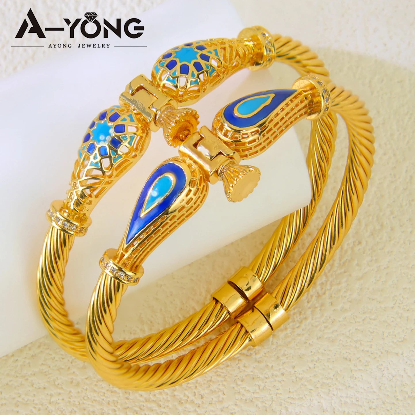 Ethiopia Classic Turquoise Bracelet 21k Gold Plated Dubai Charm Opening Bangles Oman Women Bridal Wedding Party Jewelry