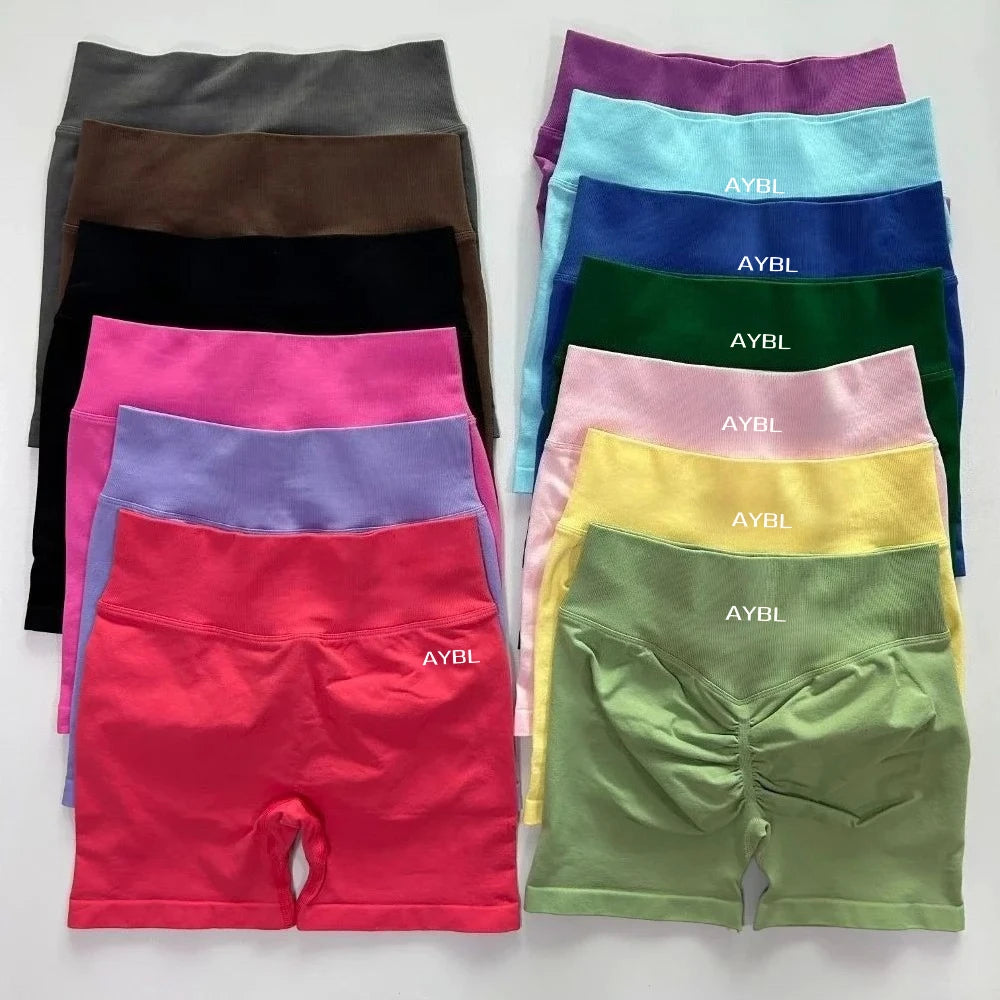 AYBL Yoga Shorts CrossFit Training Yoga Cycling Gym Workout Hot Girl's Low Ribbed Band Scrunch Butt Seamless Breathable Shorts