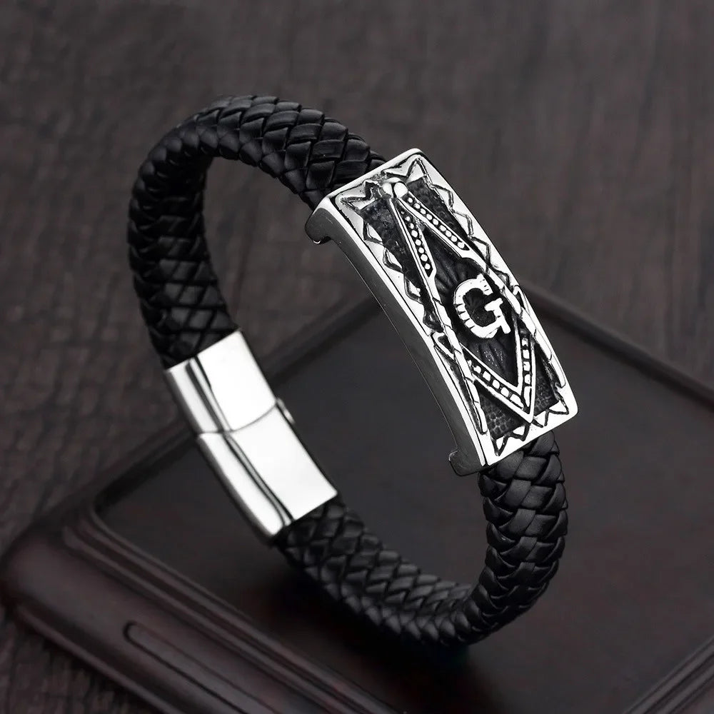 Vintage Braided Leather Masonic Totem Bracelet Men's Single Layer Leather Magnetic Bracelet Fashion Party Trendy Jewelry Gift