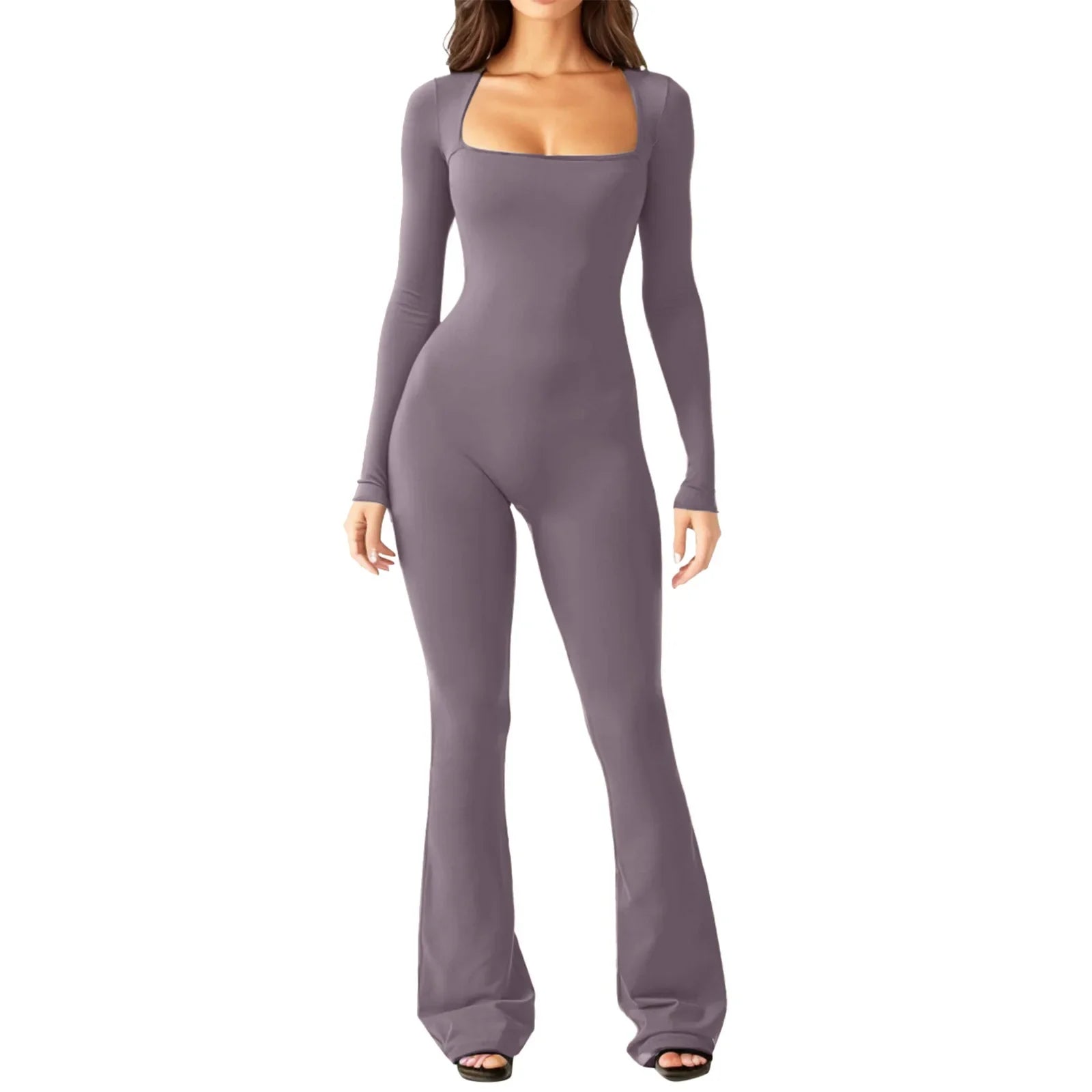 Women's Yoga Suit Long Sleeve Belly Tie Waist Hip Lift Square Neck Wide Leg High Elastic Jumpsuit