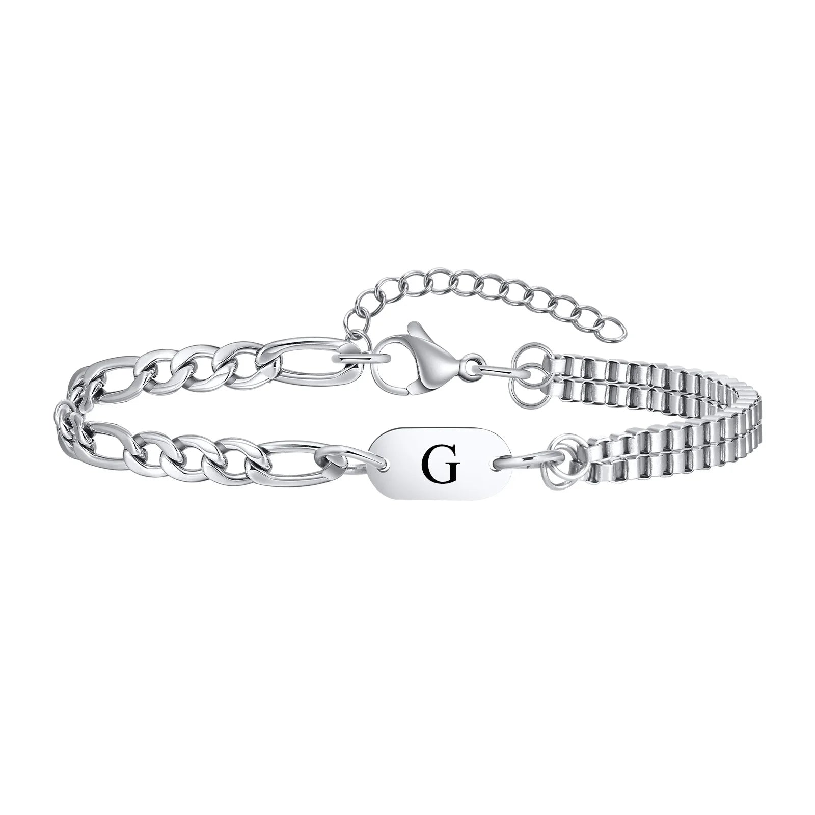 Vnox A-Z Initial Bracelets for Men Women, Never Fade Figaro Chain, Double Layered Box Link Chain Bracelets, Name Gift for Him