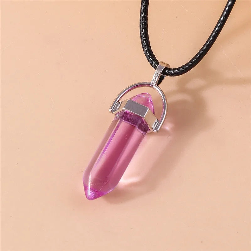Natural Stone Quartz Lapis Opal Amethyst Pink Crystal Stone Hexagonal Column Pendant Necklaces Leather Chain Bullet Necklace