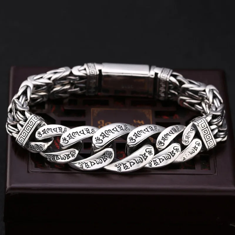 S925 Sterling Silver Personalized Men and Women Bracelets Six-Character Peace Pattern Cuban Chain Jewelry Exquisite Gift