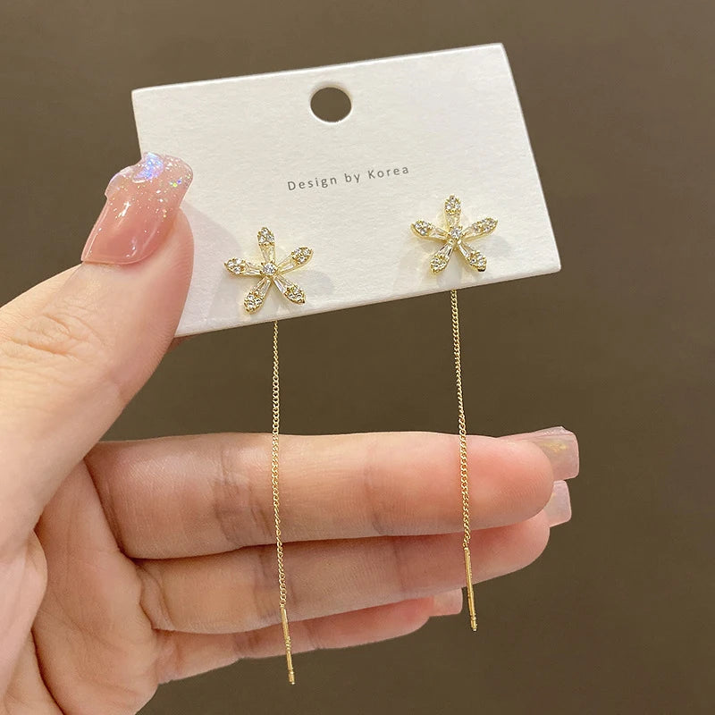 S925 Silver Needle Micro-inlaid Zircon Flower Ear Line Exquisite Light Luxury High Quality Drop Earring Star Jewelry Gifts