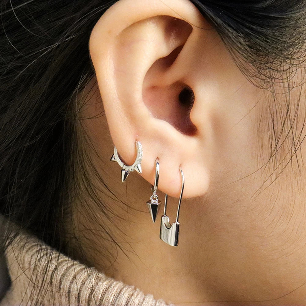 925 Sterling Silver Needle Punk Spike Rivet Hoop Earrings For Women Huggie Earrings Ear Cuff Piercing Earring Gothic Jewelry