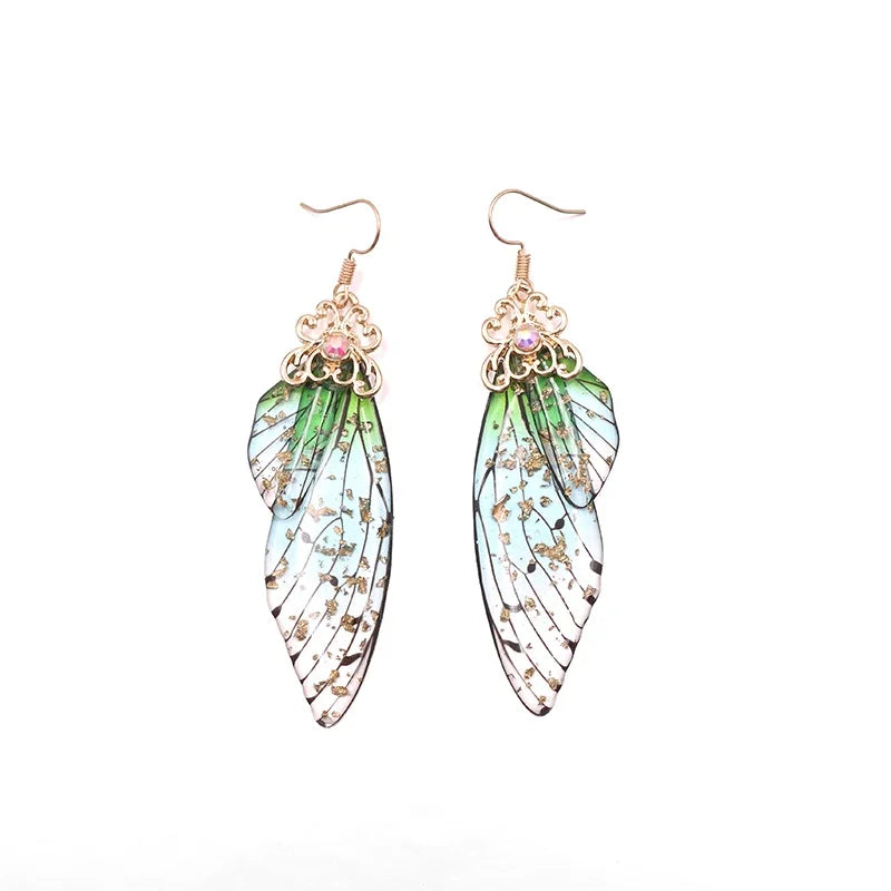 Handmade Fairy Simulation Wing Earrings Insect Butterfly Wing Drop Earrings Foil Rhinestone Earrings Romantic Bridal Jewelry