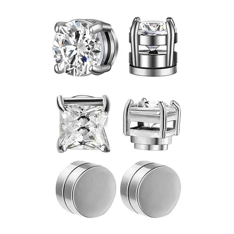 1/3Pairs 6MM Crystal Magnetic No-Pierce Stainless Steel Stud Earrings for Men Punk Zircon Magnet Earrings Non Piercing Jewelry