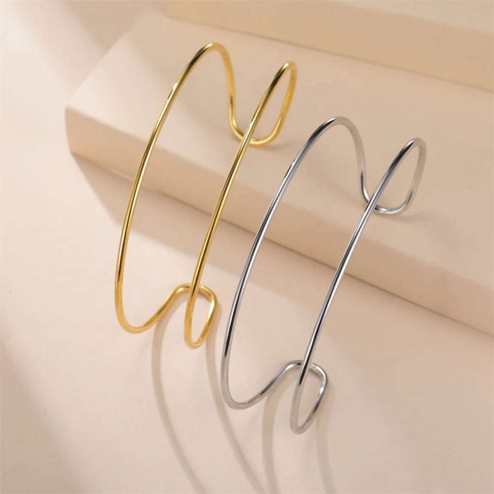 My Shape Simple C Shape for Women Stainless Steel Gold Color Adjustable Open Cuff Bangle Jewelry Double Layered Bracelets Gifts
