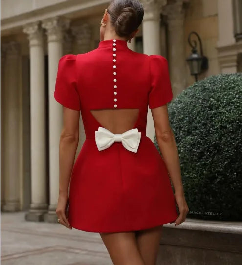 Elegant Bow Hollow Out Mini Dress - Short Sleeve A-Line Party Dress