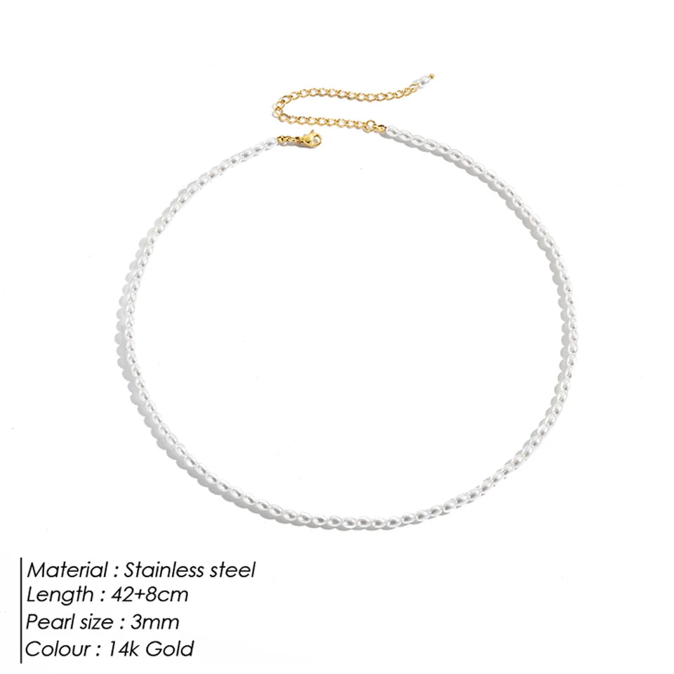 eManco 3MM Imitation Pearl Necklaces Oval White Stainless Steel Necklace Women's Collarbone Chain
