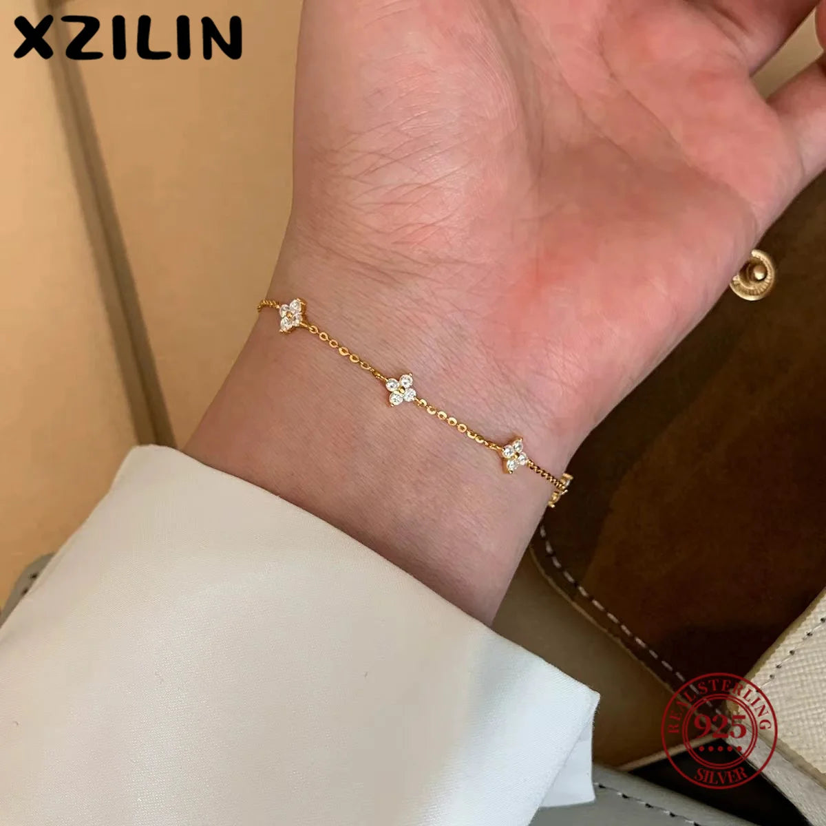 S925 Sterling Silver Zircon Flower Bracelet - 18K Gold Korean Design