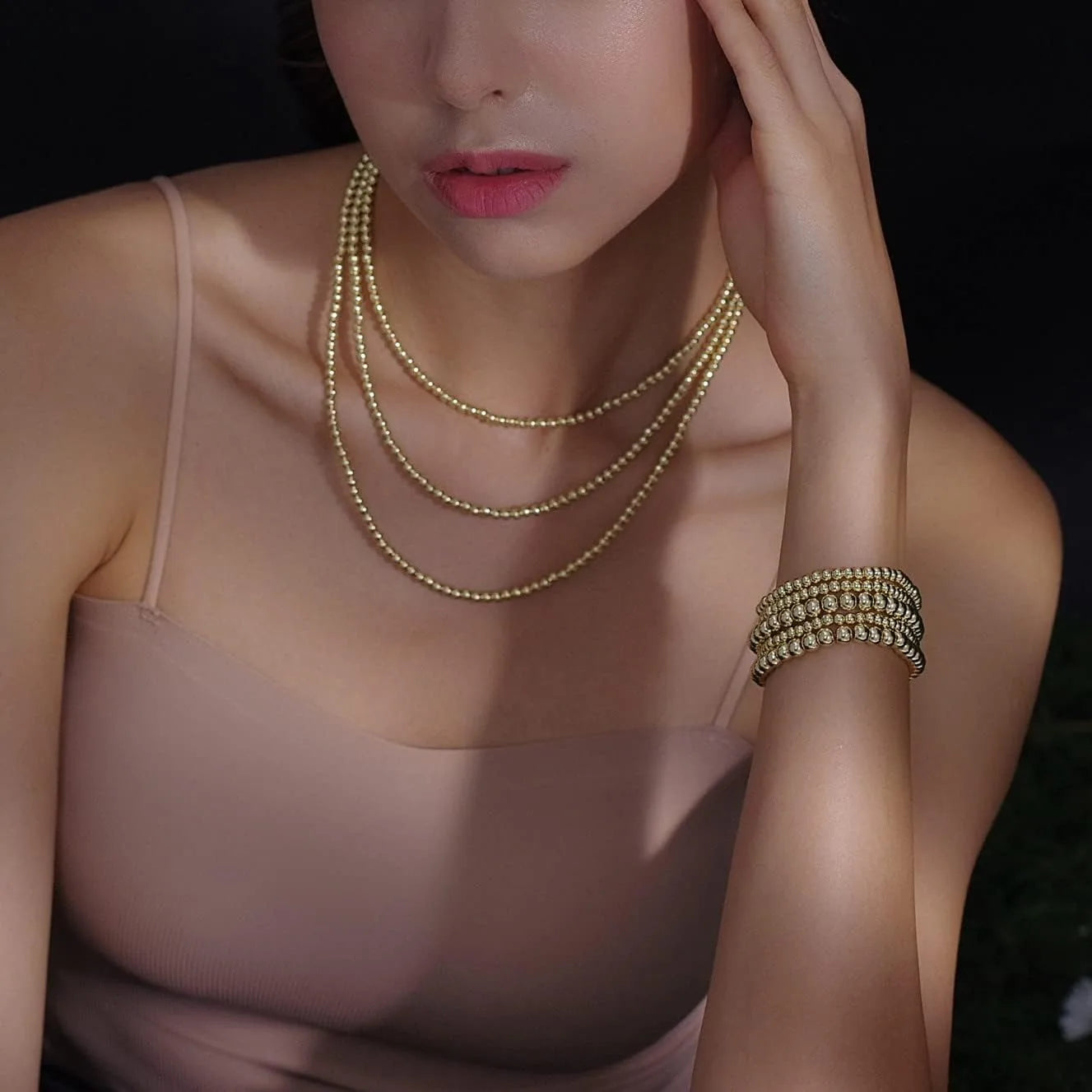 Gold Plate Bead Bracelet for Women 14K Gold Plated Bead Ball Bracelet Stretchable Elastic Hypoallergenic Bohemian Stackable