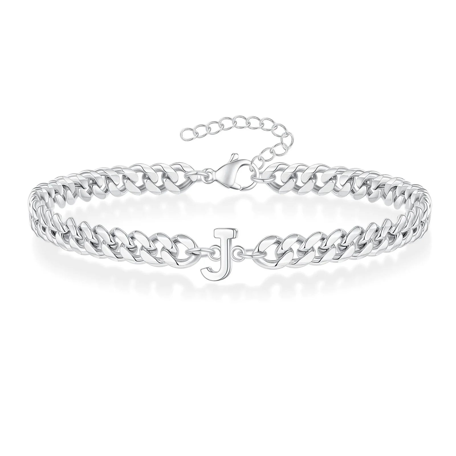 Vnox A-Z Initial Cuban Chain Bracelets for Men Women, Silver Color Stainless Steel Curb Links, Letters Name Charm Bracelet Gift