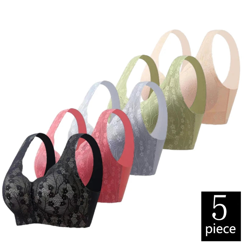 FallSweet 5PCS Front Closure Bra for Moms Lace  Seamless Push Up Brassiere Plus Size Wireless Brassiere for Middle-aged Women