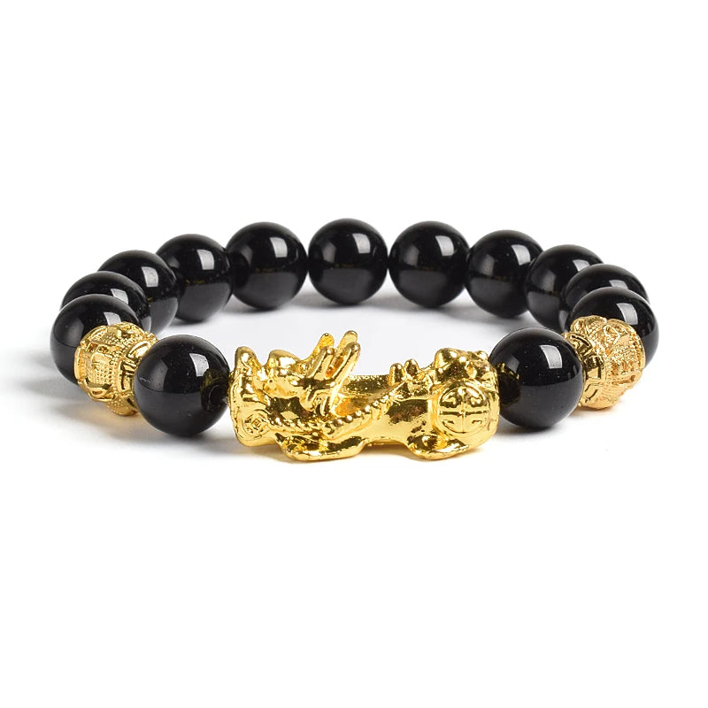 Pi Xiu Tiger Eye Stone Beads Bracelet Feng Shui Yellow Power Stone Women Men Elastic Jewelry Gold Color Pixiu Good Luck Bracelet