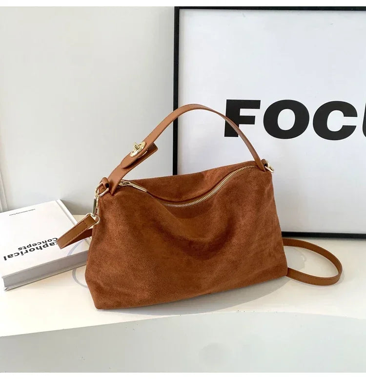 New Solid Color PU Zipper Women's Bag Suede Large Capacity Women's Shoulder Bag Fashion Versatile Casual Dual Purpose Handbag