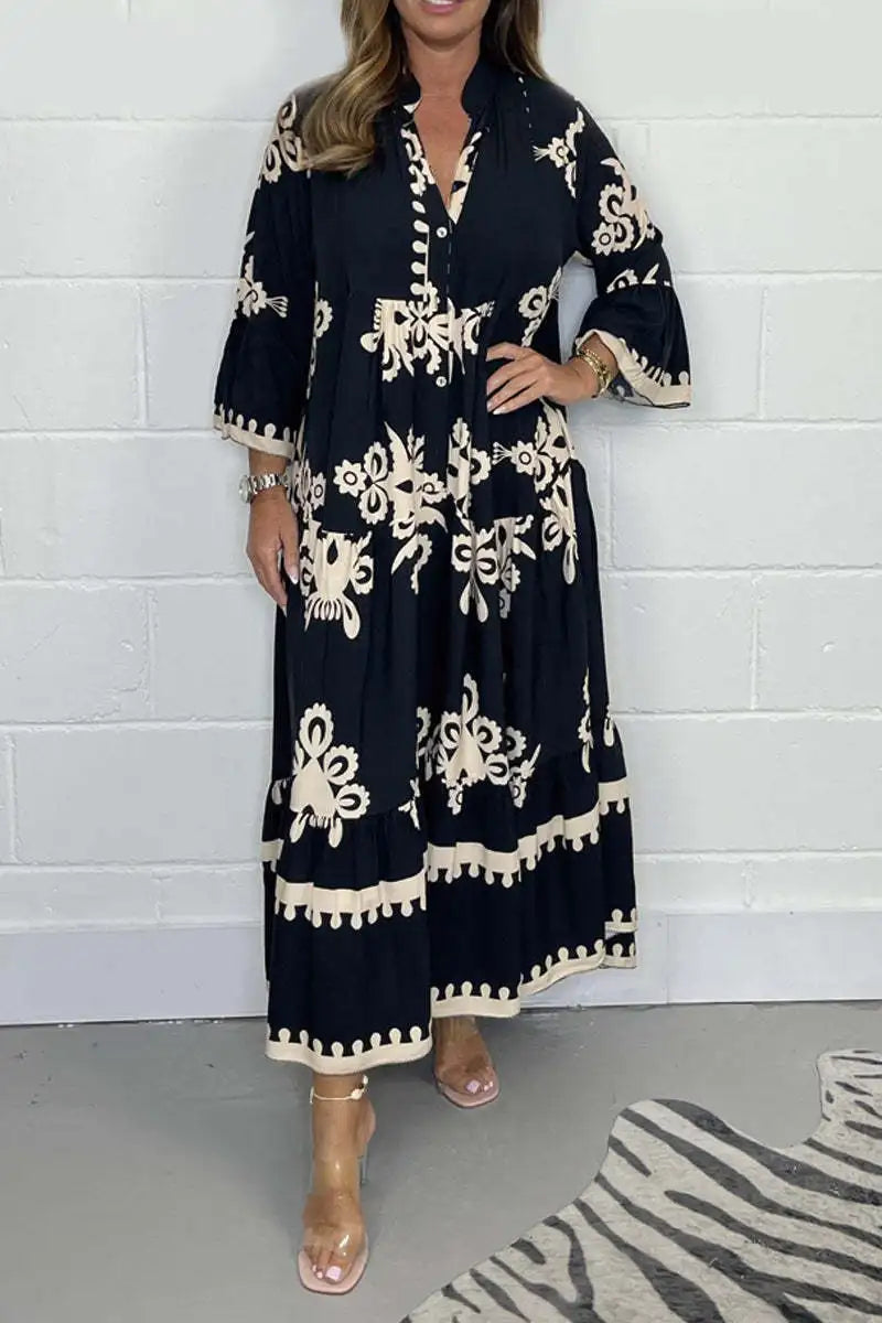 2024 Autumn Fashion New Women's Commuting Style Casual Printed Dress Loose Single Breasted Horn Sleeve Elegant Dress