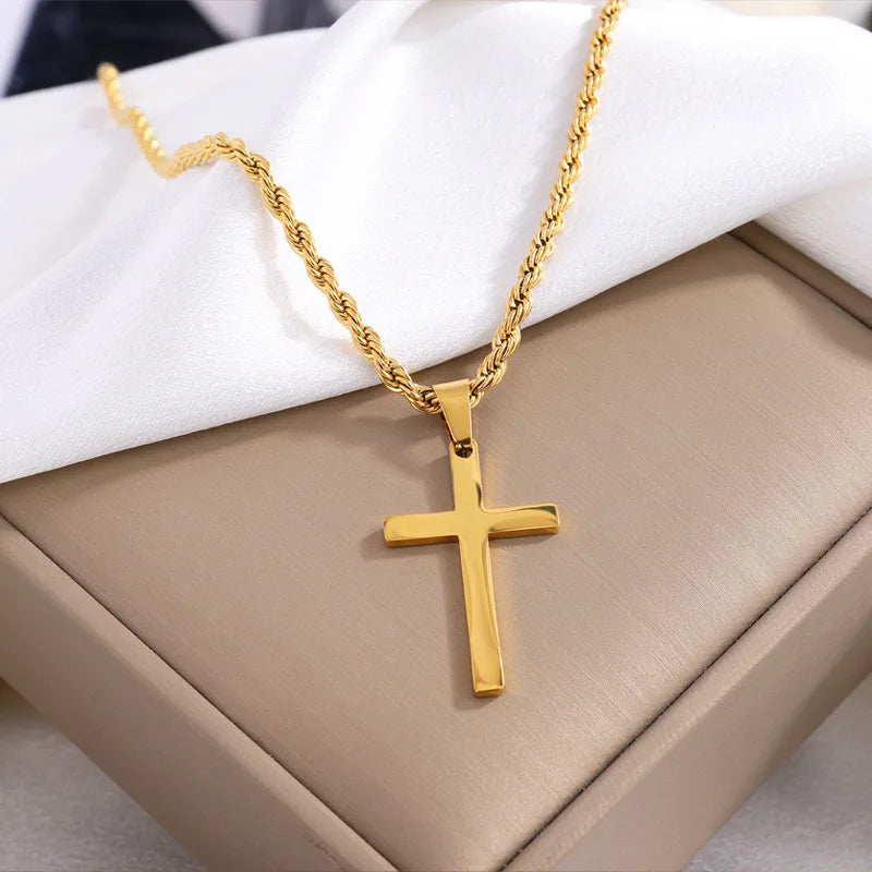 Fashion Cross Stainless Steel Necklace for Women Men Gold Color Pendant Stainless Steel Jewelry Collares Gifts Sweater Necklace