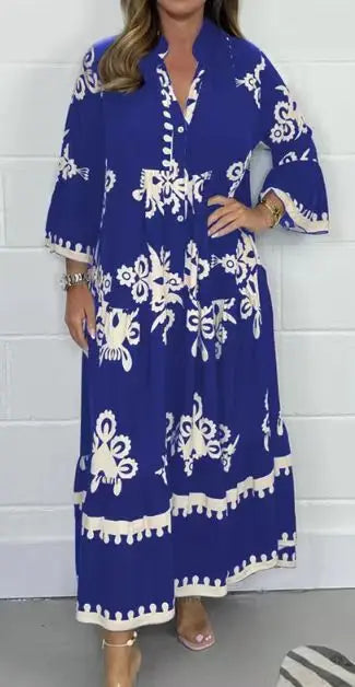2024 Autumn Fashion New Women's Commuting Style Casual Printed Dress Loose Single Breasted Horn Sleeve Elegant Dress