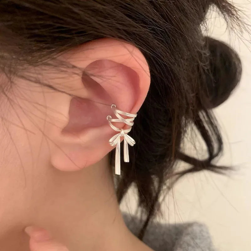 VENTFILLE 925 Sterling Silver Bow Knot Ear Clip for Women Girl Ribbon Design Ballet Style Sweet Jewelry Gift Dropshipping