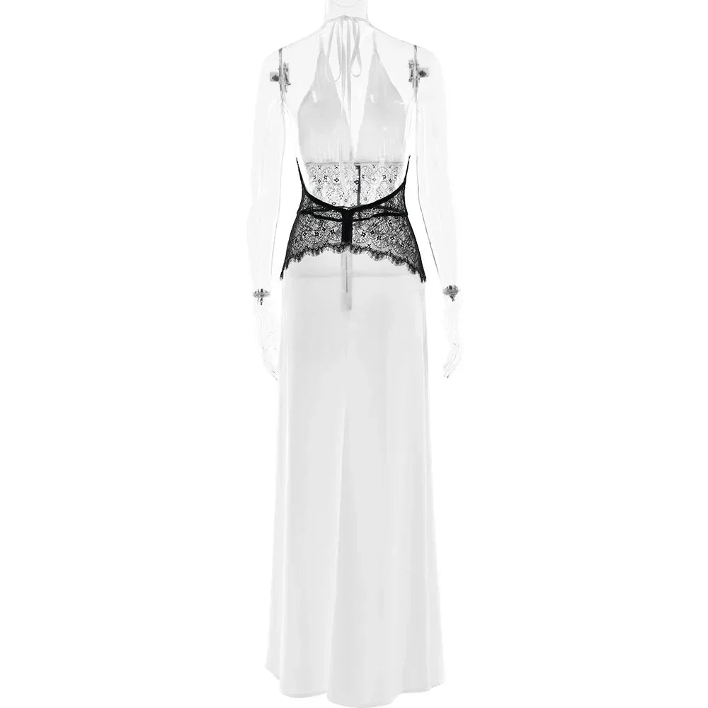 Deep V-Neck Backless Dress - Lace Satin Halter Maxi Evening Gown