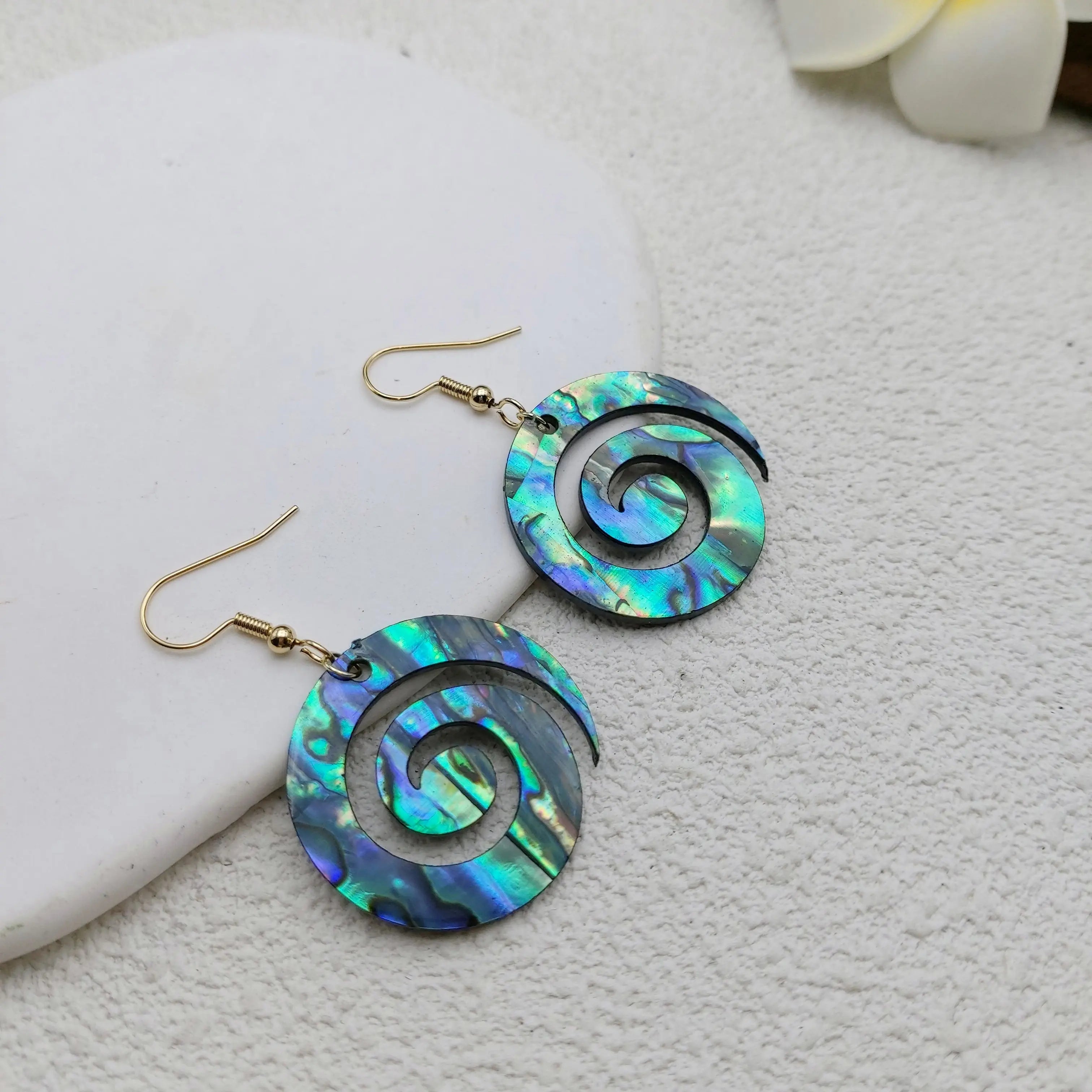 Natural Paua Shell Hand Carving Double Side Dangle Earrings Hawaiian Design Abalone Jewelry