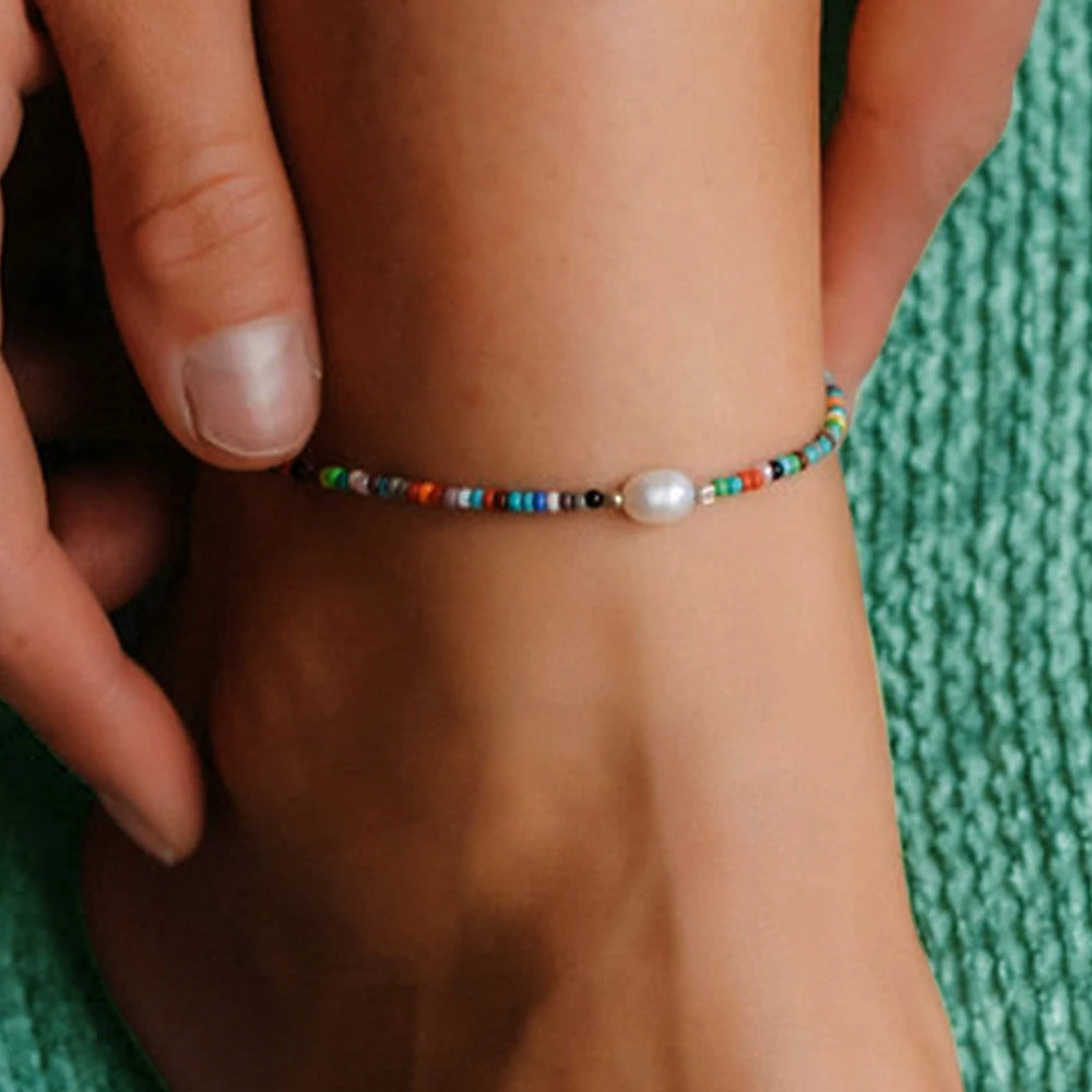 1pc Summer Bohemian style special-shaped natural pearl colorful mixed color beaded anklet