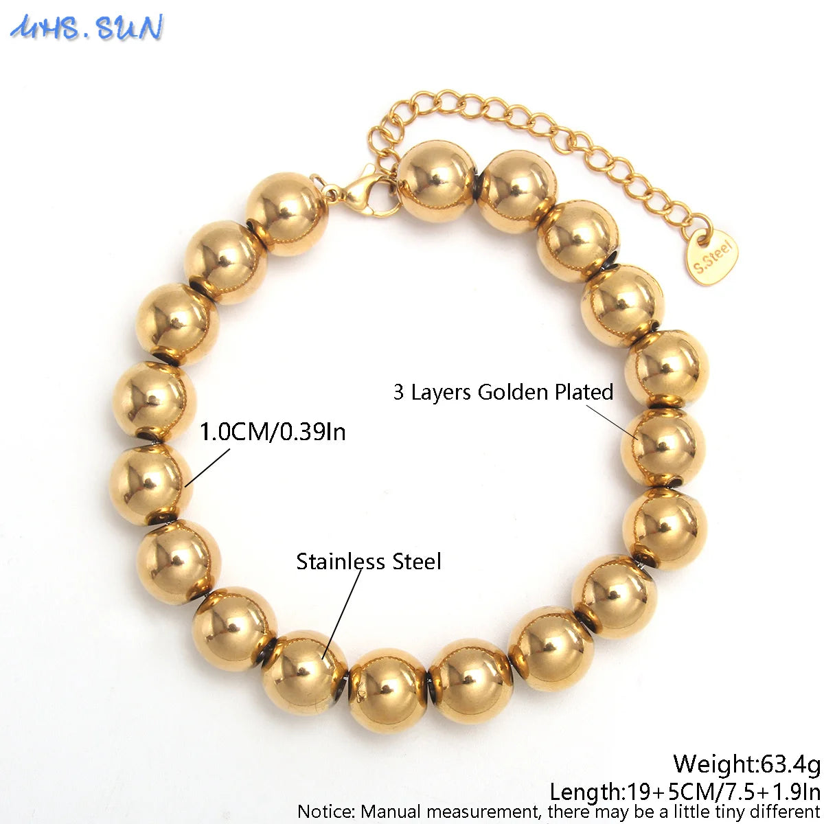 MHS.SUN Waterproof Smooth Beads Bracelet Adjustable Gold Silver Color Stainless Steel Round Balls Bracelets Unisex Party Jewelry