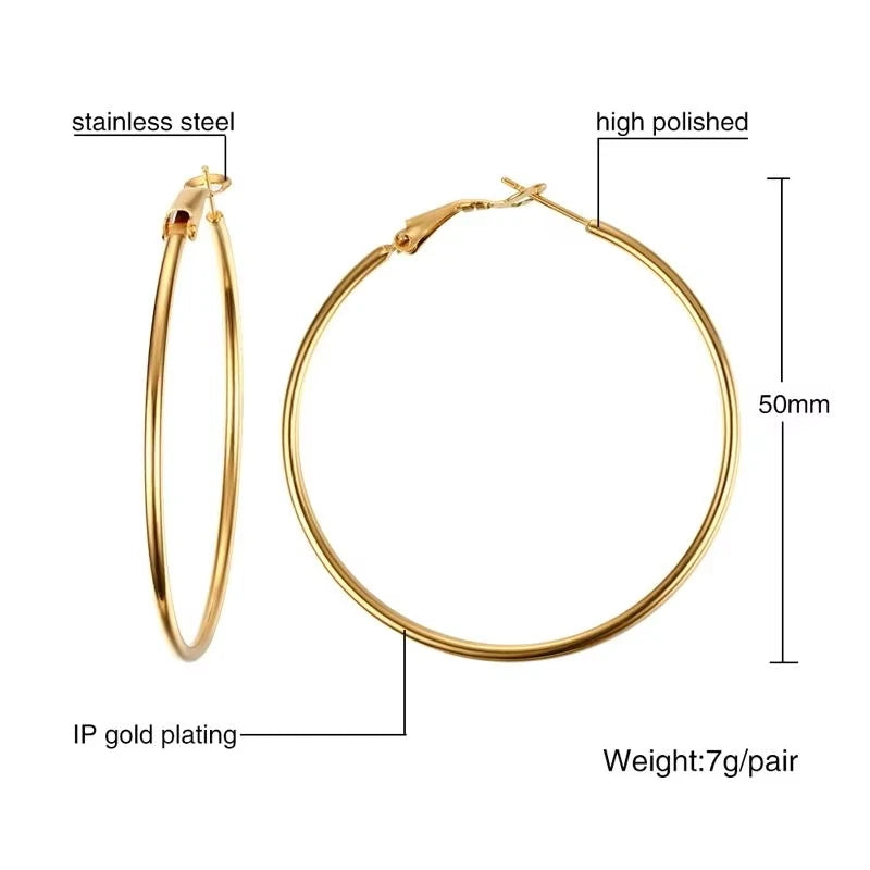 Stainless Steel Big Circle Hoop Huggie Earrings For Women, 40mm/50mm/60mm/70mm