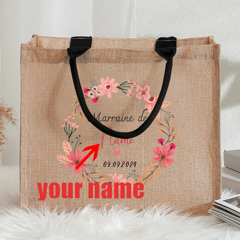 Customizable with Name Leopard Letter for Tata Marraine Garland Patterns Jute Tote with Hand Shopping Bag for Godparents Gifts