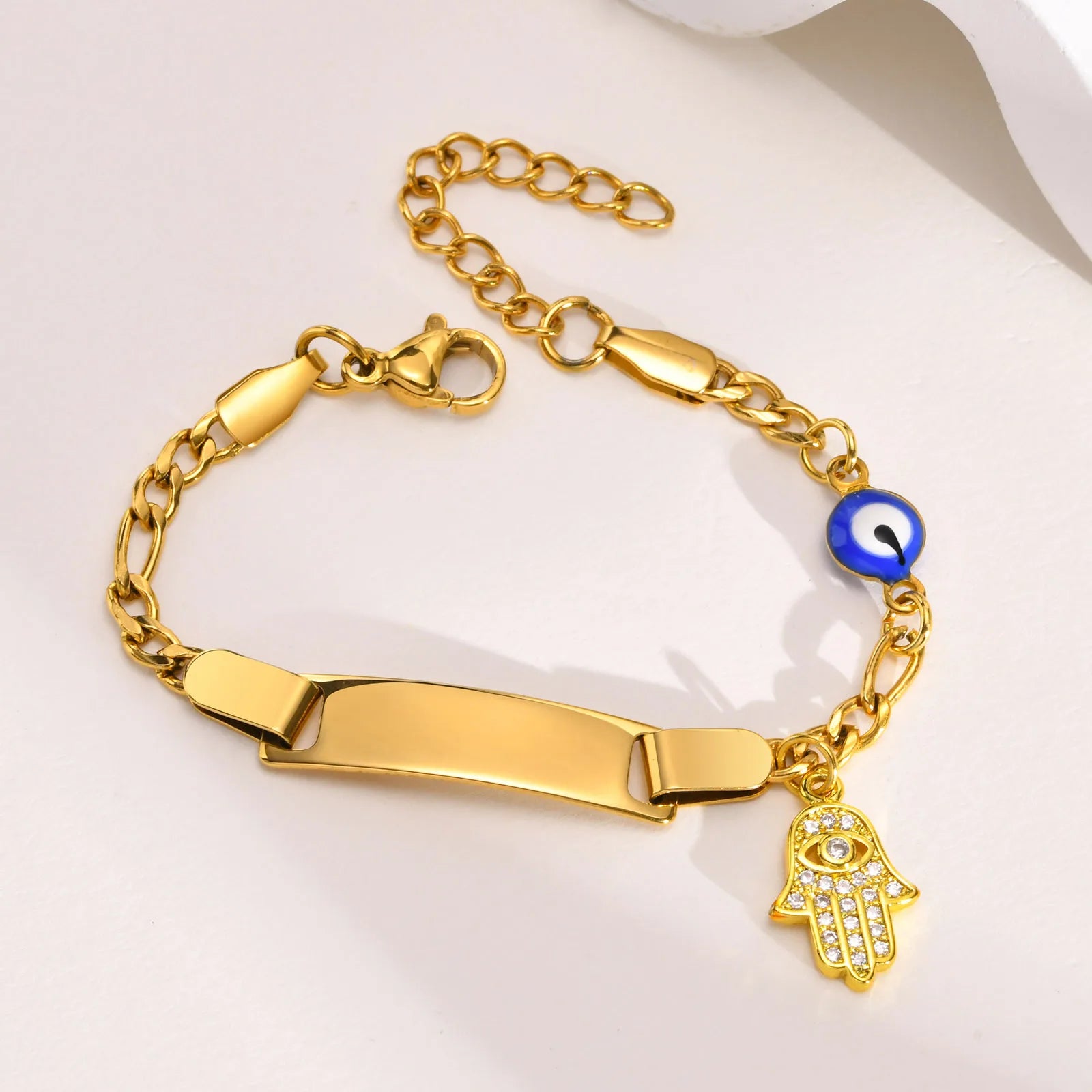 Hamsa Evil Eye Chain Bracelet  for Little Boy Girl, Engrave Customized Name Bracelet, Hand of Fatima Lucky Jewelery